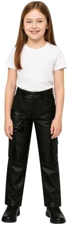 A2Z 4 Kids Girls Faux Leather Trousers Black Straight Leg Stylish Slim Fit Cargo PU Pants with Multi Utility Pockets Comfortable Durable Design for Streetwear Casual Party Wear Age 6-14 Years