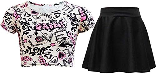 A2Z 4 Kids Girls Love Graffiti Scribble Print Crop Top & Black Skater Skirt Set Age 7-13 Years