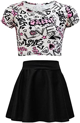 A2Z 4 Kids Girls Love Graffiti Scribble Print Crop Top & Black Skater Skirt Set Age 7-13 Years