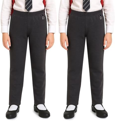 A2Z 4 Kids Girls Plain Pack Of 2 School Uniform Pants Pull Up Lightweight Casual Formal Heart Pendant Elasticated Waist Regular Fit Back To School Trousers Age 3-14 Years