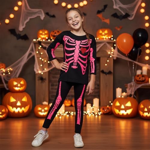 A2Z 4 Kids Girls Skeleton Set Halloween Costume With Printed T Shirt Top Leggings Scary Fancy Dress Outfit For Trick Or Treat Parties Spooky Events Ages 5-13 Years