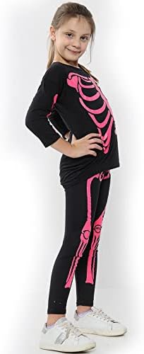 A2Z 4 Kids Girls Skeleton Set Halloween Costume With Printed T Shirt Top Leggings Scary Fancy Dress Outfit For Trick Or Treat Parties Spooky Events Ages 5-13 Years