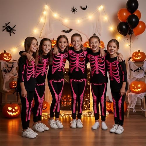 A2Z 4 Kids Girls Skeleton Set Halloween Costume With Printed T Shirt Top Leggings Scary Fancy Dress Outfit For Trick Or Treat Parties Spooky Events Ages 5-13 Years
