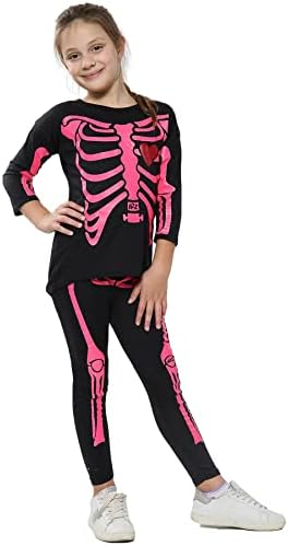 A2Z 4 Kids Girls Skeleton Set Halloween Costume with Printed T Shirt Top Leggings Scary Fancy Dress Outfit for Trick or Treat Parties Spooky Events Ages 5-13 Years