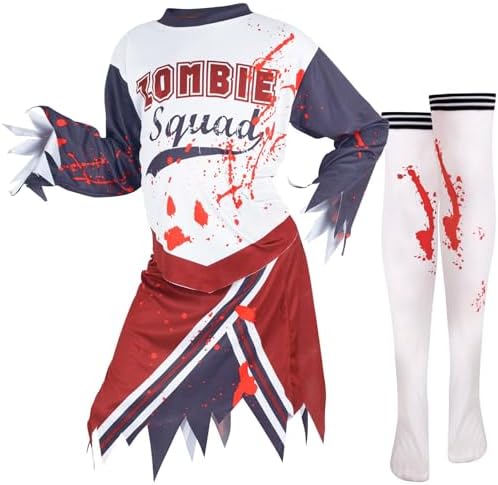 A2Z 4 Kids Girls Zombie Cheerleader Halloween Attire Top Shredded Sleeves Long Bloody Socks Cheerleading Pom Poms Outfit Halloween Parties And Trick Or Treating