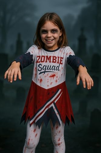 A2Z 4 Kids Girls Zombie Cheerleader Halloween Attire Top Shredded Sleeves Long Bloody Socks Cheerleading Pom Poms Outfit Halloween Parties And Trick Or Treating