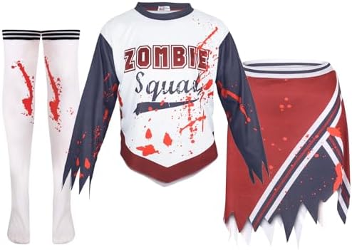 A2Z 4 Kids Girls Zombie Cheerleader Halloween Attire Top Shredded Sleeves Long Bloody Socks Cheerleading Pom Poms Outfit Halloween Parties And Trick Or Treating