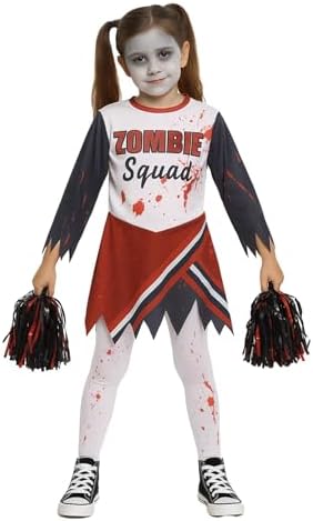 A2Z 4 Kids Girls Zombie Cheerleader Halloween Attire Top Shredded Sleeves Long Bloody Socks Cheerleading Pom Poms Outfit Halloween Parties and Trick or Treating