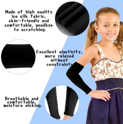 Abeillo 3Pairs Kids Arm Sleeves Thinly UV Sun Protection Cooling Arm Compression Sleeves Outdoor Sport Breathable Elastic Ice Sleeve For Youth Boys Girls (7-12 Years) Black