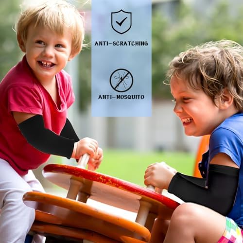 Abeillo 3Pairs Kids Arm Sleeves Thinly UV Sun Protection Cooling Arm Compression Sleeves Outdoor Sport Breathable Elastic Ice Sleeve For Youth Boys Girls (7-12 Years) Black