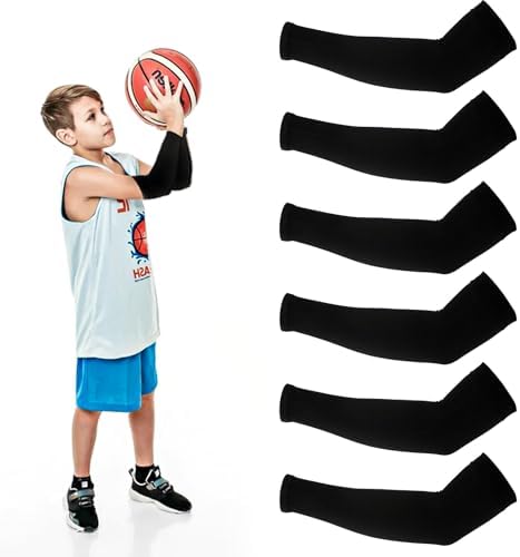 Abeillo 3Pairs Kids Arm Sleeves Thinly UV Sun Protection Cooling Arm Compression Sleeves Outdoor Sport Breathable Elastic Ice Sleeve for Youth Boys Girls (7-12 Years) Black
