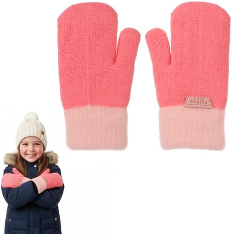 Abeillo Kids Double Layer Warm Knit Mittens Girls Boys Winter Outdoor Lined Gloves Cute Full Finger Children Knit Gloves For 4-8 Years