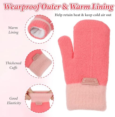 Abeillo Kids Double Layer Warm Knit Mittens Girls Boys Winter Outdoor Lined Gloves Cute Full Finger Children Knit Gloves For 4-8 Years
