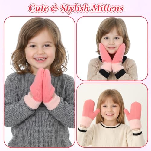 Abeillo Kids Double Layer Warm Knit Mittens Girls Boys Winter Outdoor Lined Gloves Cute Full Finger Children Knit Gloves For 4-8 Years