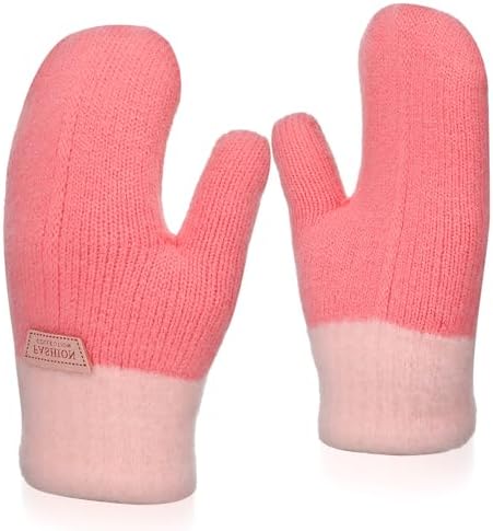 Abeillo Kids Double Layer Warm Knit Mittens Girls Boys Winter Outdoor Lined Gloves Cute Full Finger Children Knit Gloves for 4-8 Years