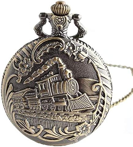 Aeromdale Vintage Pocket Watch Train Locomotive Railway Engine Engraved Flower Case Arabic Numeral Quartz Movement Calmshell Classical Alloy Necklace Watch Gift for Men Women