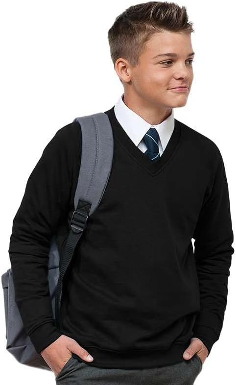 Ages 3-16 Boys Girls Unisex School Sweater V Neck Fleece Sweatshirt Uniform Black Navy