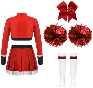 Aiihoo Girls Cheer Leader Halloween Costume Cheer Leader Uniform Long Sleeve Crop Top Skirt With Pom Pom Stocking Hair Tie