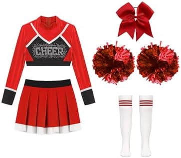 Aiihoo Girls Cheer Leader Halloween Costume Cheer Leader Uniform Long Sleeve Crop Top Skirt With Pom Pom Stocking Hair Tie