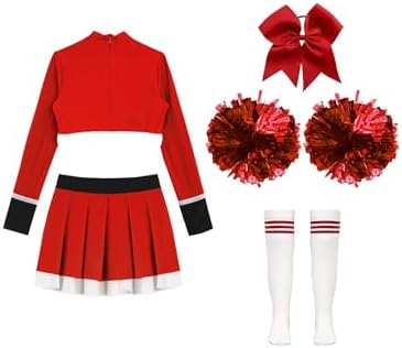 Aiihoo Girls Cheer Leader Halloween Costume Cheer Leader Uniform Long Sleeve Crop Top Skirt With Pom Pom Stocking Hair Tie