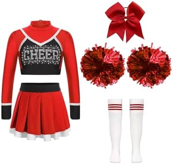 Aiihoo Girls Cheer Leader Halloween Costume Cheer Leader Uniform Long Sleeve Crop Top Skirt with Pom Pom Stocking Hair Tie