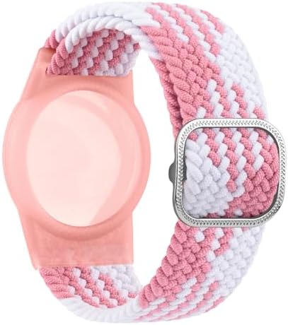 Air Tag Wristband for Kids Stretchy Adjustable Nylon Air tag Holder for Kids with Full Coverage Design (Pink/White)
