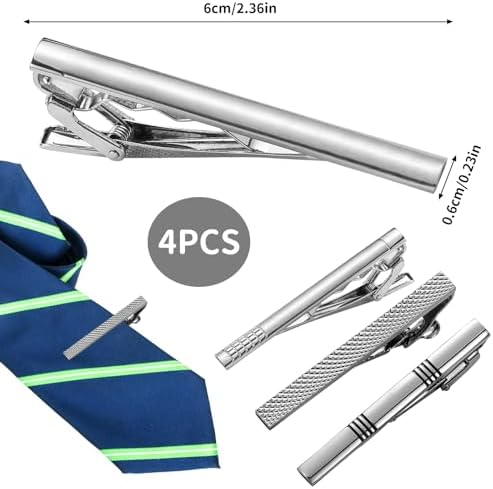 Airfish 4 Pcs Tie Bar Clip Business Tie Clip Pin For Men Silver Personalized Necktie Pinch Clip Accessories For Wedding Boyfriend Gift Father's Day Valentine's Day