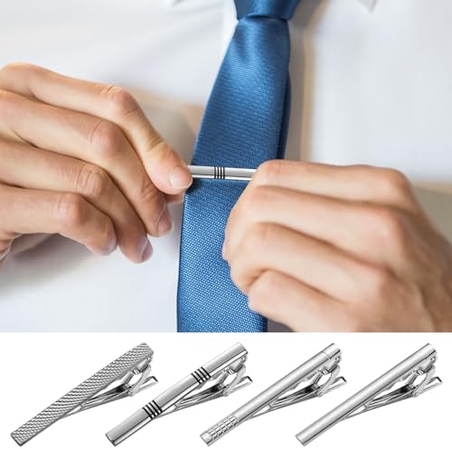 Airfish 4 Pcs Tie Bar Clip Business Tie Clip Pin For Men Silver Personalized Necktie Pinch Clip Accessories For Wedding Boyfriend Gift Father's Day Valentine's Day