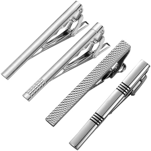 Airfish 4 pcs Tie Bar Clip Business Tie Clip Pin for Men Silver Personalized Necktie Pinch Clip Accessories for Wedding Boyfriend Gift Father's Day Valentine's Day