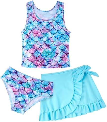 ALISISTER Girls Swimsuit 3 Piece Bathing Suit Quick Dry Tankini Set with Cover Up Beach Skirt Bikini Swimwear 6-13 Years