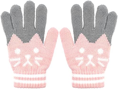 ALLY-MAGIC Kids Winter Warm Knitted Soft Cute Cat Thermal Full Fingers Stretch Gloves for Outdoor School Costume Daily Wearing for Boys Girls