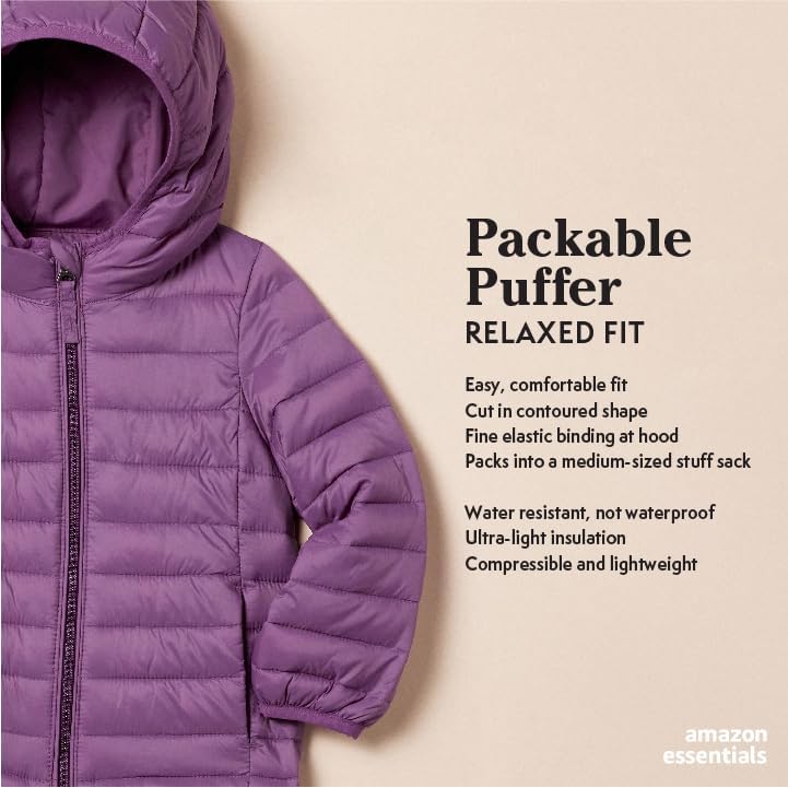 Amazon Essentials Girls And Toddlers' Lightweight Water-Resistant Packable Hooded Puffer Jacket