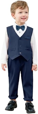 Amissz Baby Boy Wedding Suit Christening Clothes For Boys Toddler Boy Birthday Outfit Blazers Set 1-5 Years Long Sleeve Shirt + Suspender Pants + Waistcoat + Bow Tie