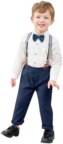 Amissz Baby Boy Wedding Suit Christening Clothes For Boys Toddler Boy Birthday Outfit Blazers Set 1-5 Years Long Sleeve Shirt + Suspender Pants + Waistcoat + Bow Tie