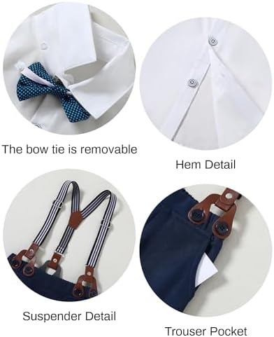 Amissz Baby Boy Wedding Suit Christening Clothes For Boys Toddler Boy Birthday Outfit Blazers Set 1-5 Years Long Sleeve Shirt + Suspender Pants + Waistcoat + Bow Tie