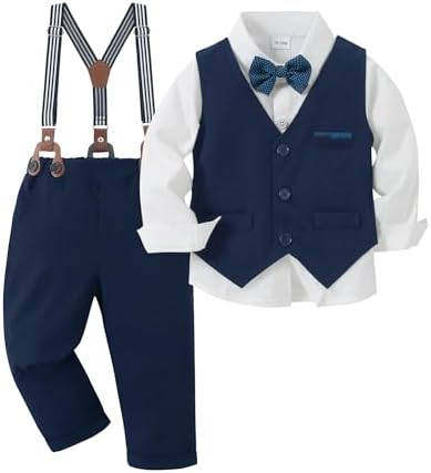 Amissz Baby Boy Wedding Suit Christening Clothes for Boys Toddler Boy Birthday Outfit Blazers Set 1-5 Years Long Sleeve Shirt + Suspender Pants + Waistcoat + Bow Tie