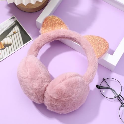 Amosfun Cat Ear Muffs Plush Earmuffs Sequin Winter Warm Earmuffs Animal Ear Covers Warmers Headwear For Kids Girls
