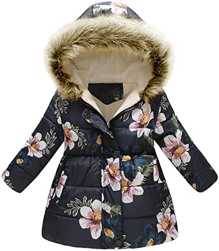 amropi Girls Winter Coat Floral Hooded Jacket with Faux Fur Warm Parka Padded Overcoat for 2-10 Years