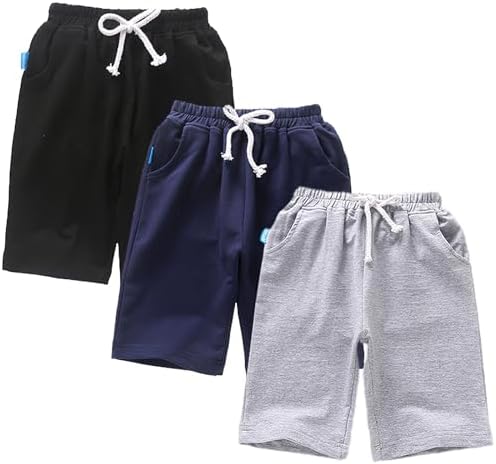 amropi Kids Boys 3 Pack Shorts Drawstring Casual Elastic Waist Short Half Pants with Pockets for 3-13 Years