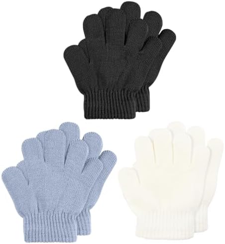 Aolso Kids Warm Knit Gloves 3 Pairs Kids Knitted Gloves Soft Thermal Gloves Toddler Magic Gloves Full Finger Gloves Stretchy Warm Gloves for Boys and Girls