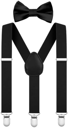 AOOWU Bow Tie and Suspender Set for Men Women Solid Color Bow Ties Mens Suspenders Y Shape with Clips On Adjustable Brace