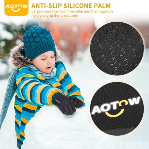 AOTOW Winter Warm Kids Cycling Gloves - Cold Weather Touchscreen Glove For Childrens Riding Bike And Football Grip Anti-Slip Outdoor Ski Sports Gloves For Boys Girls