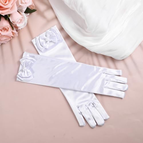 Apausvcm White Long Gloves Kids Dress Up Gloves Toddler Princess Glove Satin Long Bows Costume Glove Halloween Party Wedding Birthday Costume Party Decorations For Little Girls
