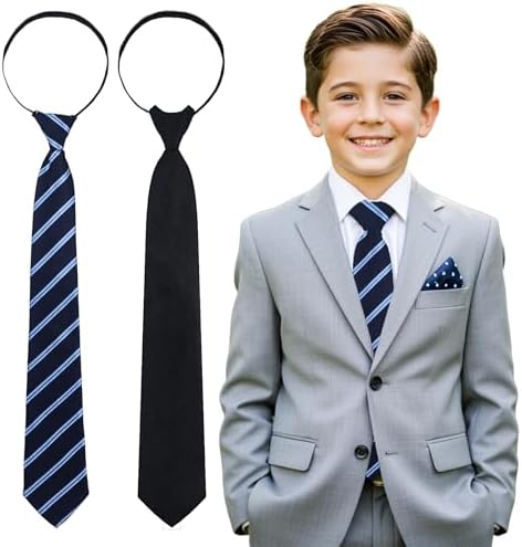 APLZGMG 2 Psc Boy's Necktie Ties for Boys Zipper Pre-Tied Adjustable Toddler Tie Navy Blue & Black Kids Tie for School Uniforms Wedding Graduation