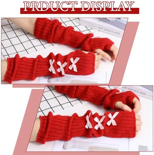 APLZGMG Knitted Arm Warmers Long-Sleeve Gloves Y2k Accessories With Bow Harajuku Lolita Fingerless Mittens For Women Girl