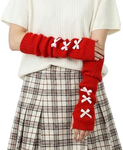 APLZGMG Knitted Arm Warmers Long-Sleeve Gloves Y2k Accessories with Bow Harajuku Lolita Fingerless Mittens for Women Girl