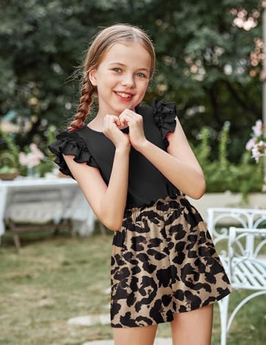 Arshiner Clothing Sets Girls Summer Solid Color T-Shirt With Shorts Outfit Children Cotton Ruffle Sleeve Clothing Set Leisure Fashion Two Piece Girl Clothes With Pocket 6-14 Years