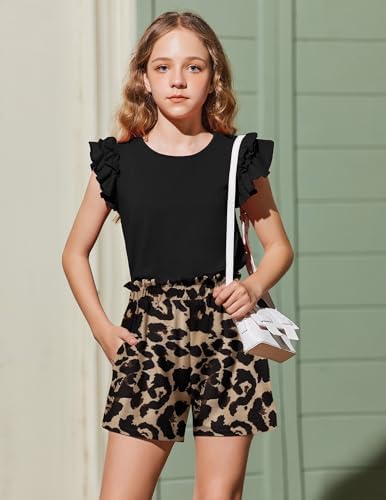 Arshiner Clothing Sets Girls Summer Solid Color T-Shirt With Shorts Outfit Children Cotton Ruffle Sleeve Clothing Set Leisure Fashion Two Piece Girl Clothes With Pocket 6-14 Years