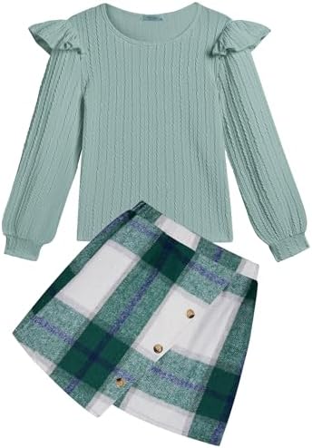 Arshiner Girl’s Clothing Sets Children's Long-Sleeved Shirt with Checked Skirt Set Autumn Winter Casual Fashion Elegant Two-Piece Outfits for Girls 6-14 Years