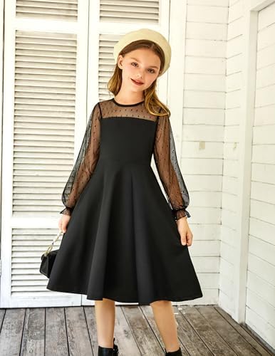 Arshiner Girl's Contrast Mesh Puff Long Sleeve High Waist A Line Princess Skater Party Dress With Pockets For Kids 6-16 Years
